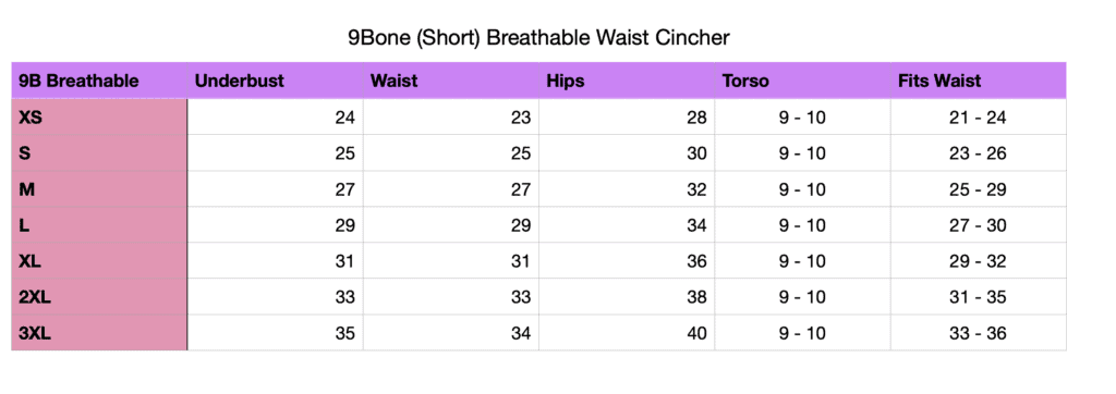 9 Bone Breathable SHORT waist trainer size chart curves shapewear
