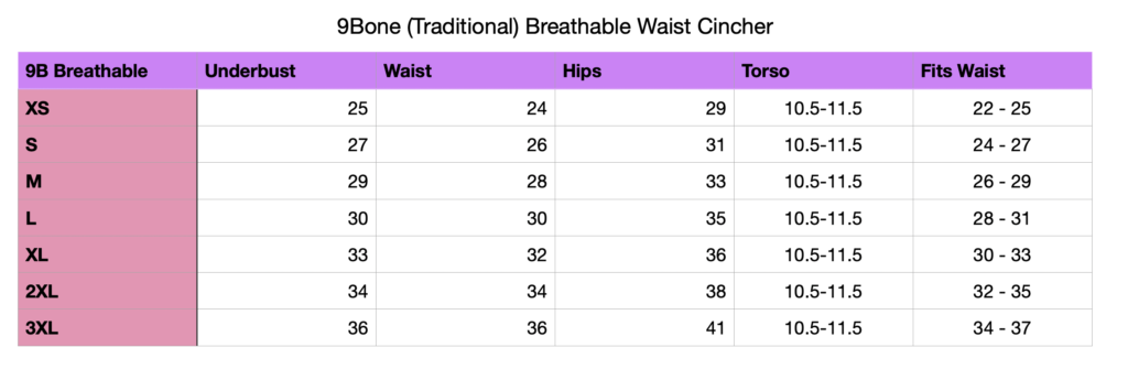 9Bone Waist trainer with hole size chart traditional