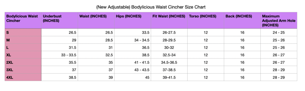 Bodylicious Waist Cincher New Adjustable Size Chart
