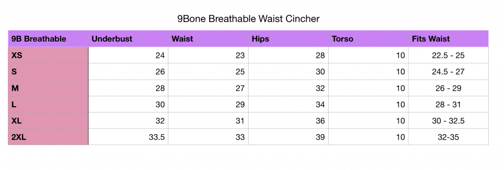 Breathable 9Bone Waist Trainer Size Chart