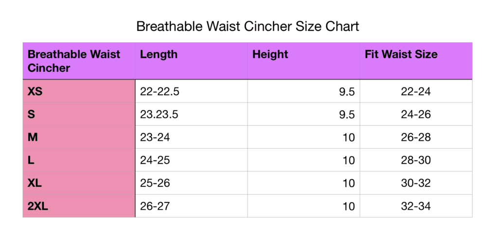 Michell Waist Trainer Size Chart