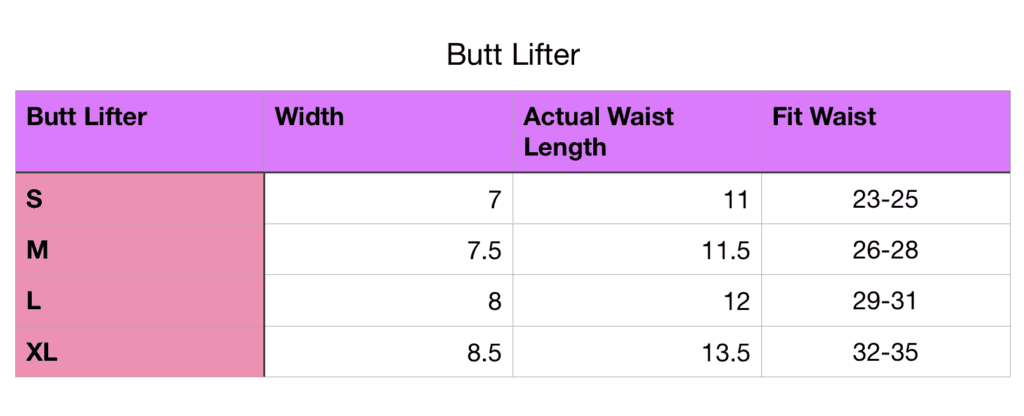 Curves Butt Lifter Size Chart
