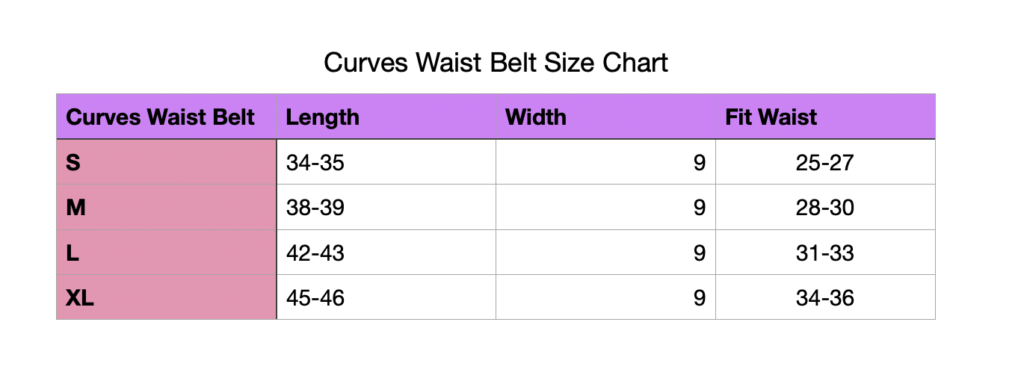 Curves Waist Belt Workout Belt Size Chart