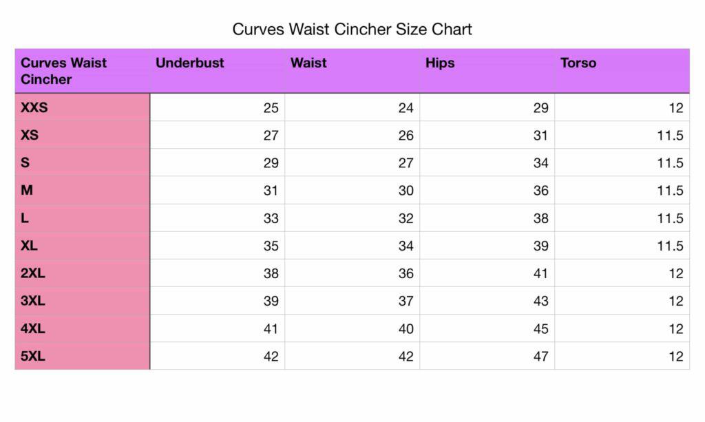 Curves Waist Cincher Size Chart