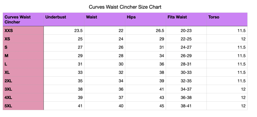 Curves Waist Cincher Waist Trainer size chart