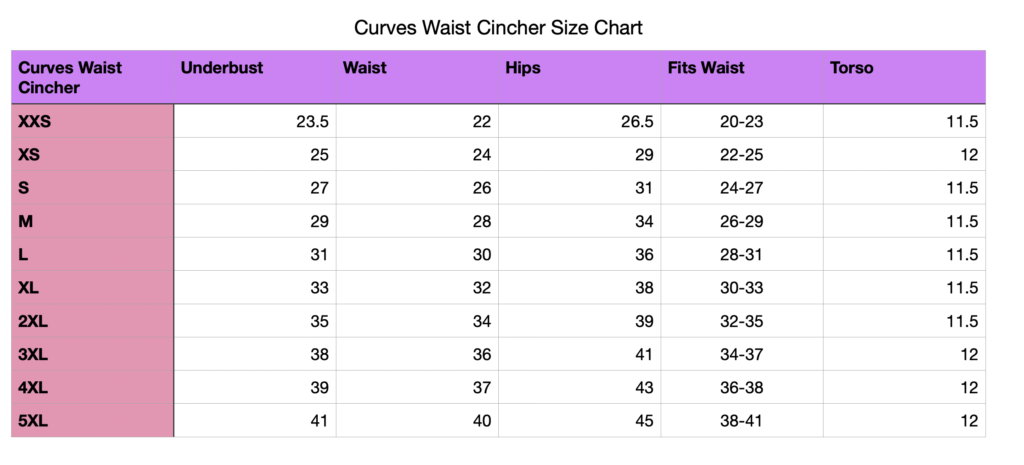 Michell Waist Trainer Size Chart